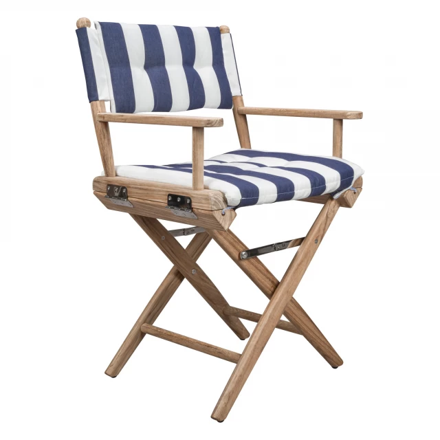 Wood director chair with blue and white cushion