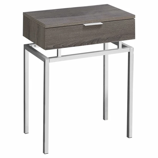 Silver deep taupe end table with drawer in wood finish and rectangle top