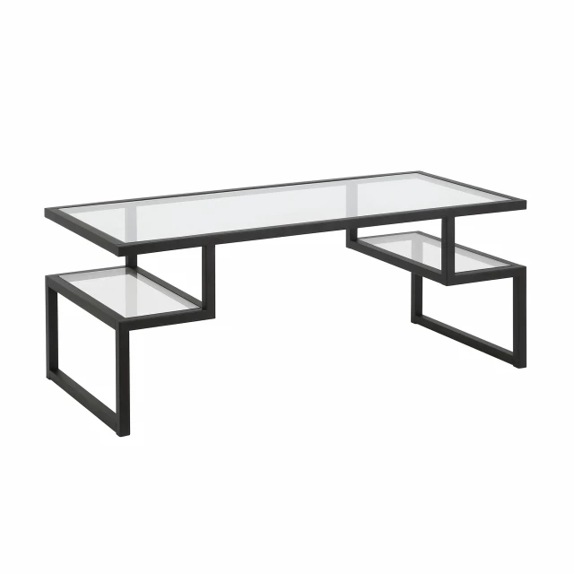 Black glass steel coffee table with shelves and wood plywood details