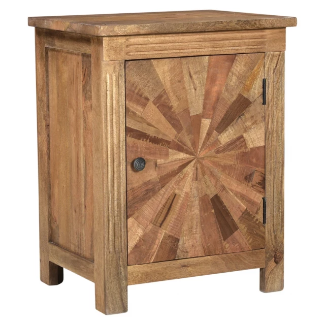 Brown starburst geometric solid wood nightstand with drawers and natural wood stain