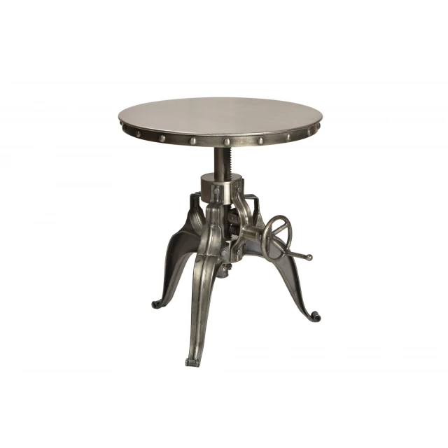 Silver metal iron round end table perfect for outdoor and indoor use with light fixture accents