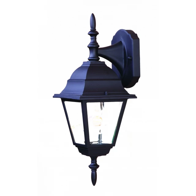 black swing arm outdoor wall light with electric blue lamp and finial