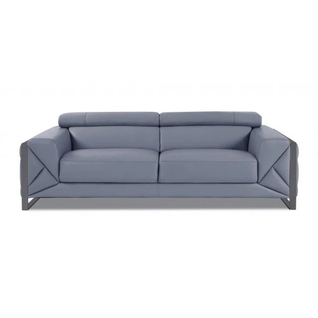 Gray silver Italian leather sofa with comfortable rectangular design and sofa bed feature