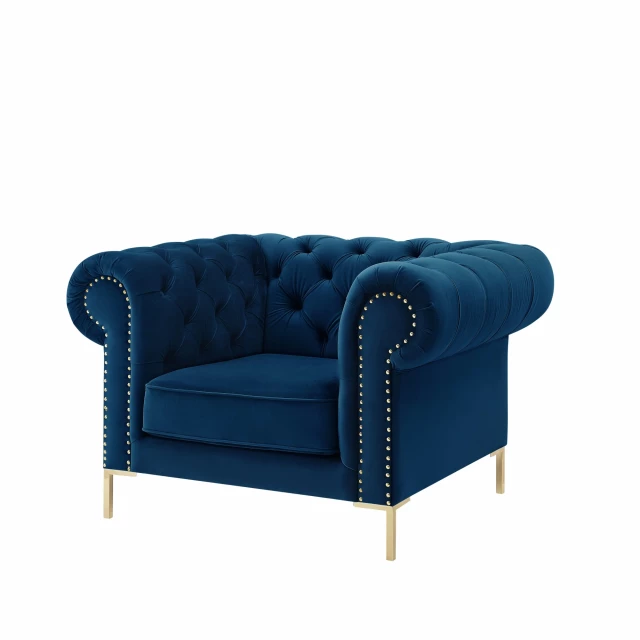 Blue gold velvet tufted Chesterfield chair with comfortable armrests in electric blue finish
