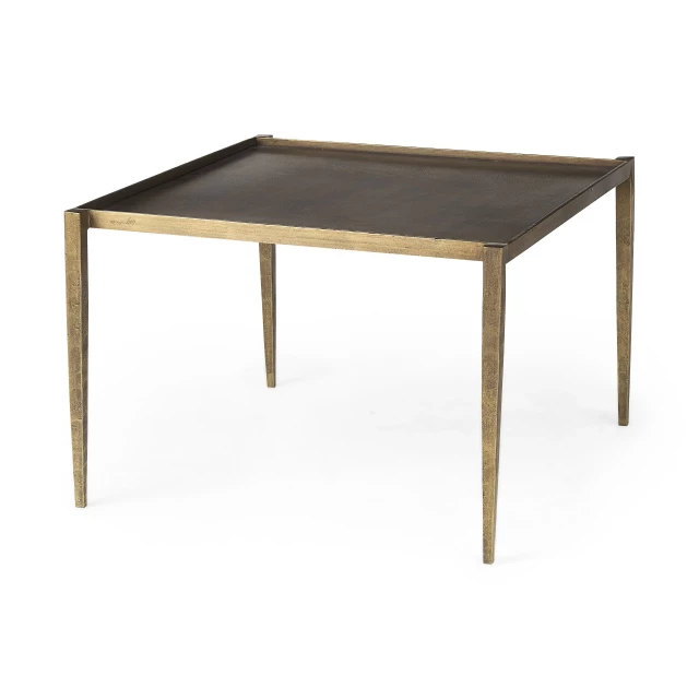 Dark brown antiqued gold coffee table with wood stain and hardwood plank design