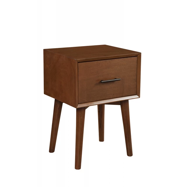 Brown wood end table with drawer and varnish finish