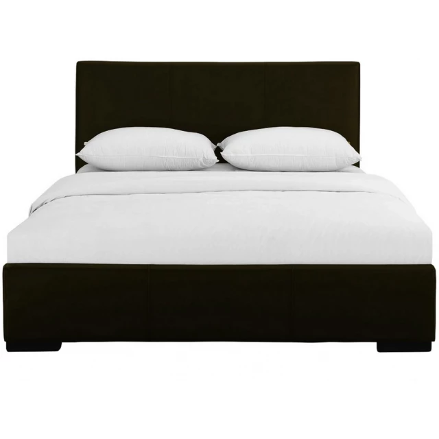 Brown upholstered queen platform bed in a bedroom setting