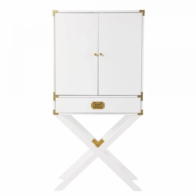 Campaign white gold tall bar cabinet with wood metal and aluminium accents