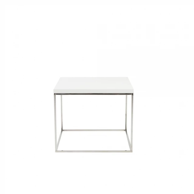 White gloss chrome cube side table in modern furniture design