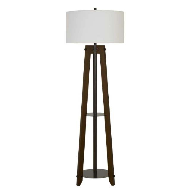 tripod floor lamp with white rectangular shade and wooden pedestal