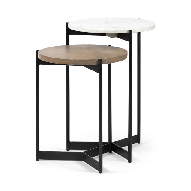 Round wooden side tables with marble tops for elegant nesting furniture arrangement