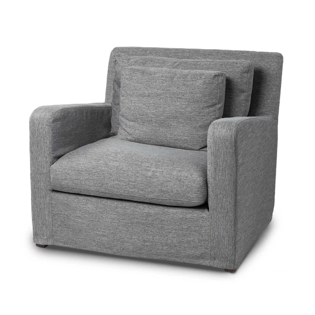 Gray wood brown linen armchair with comfortable armrests and natural composite materials