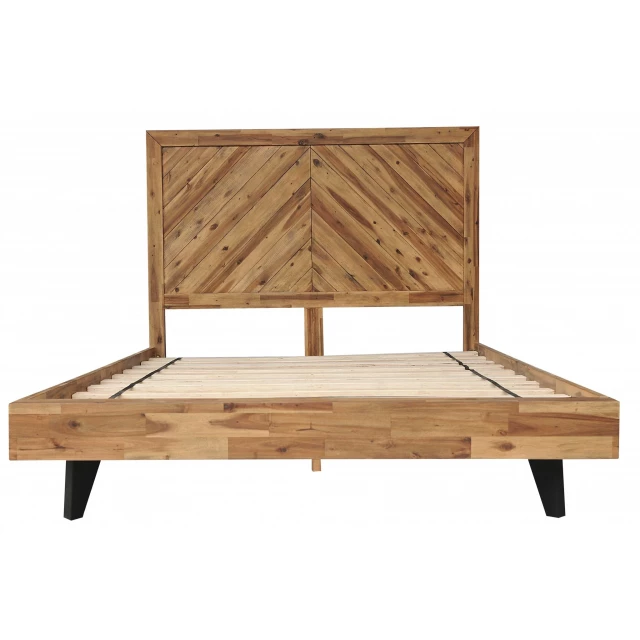 Acacia wood modern metal king bed in a contemporary bedroom setting