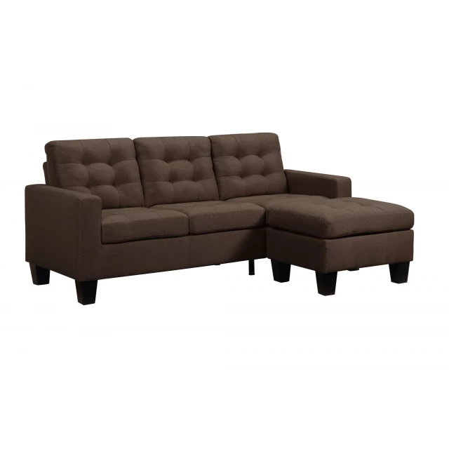 Brown linen black sofa with comfortable cushions and wooden frame