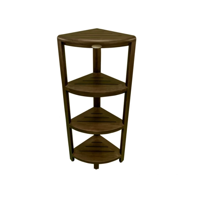 curvilinear corner four tier shower shelf with wood stain finish and shelving