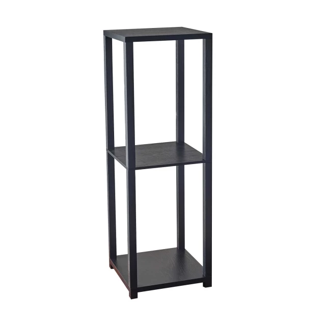 Basic black bookcase end table with wood shelving suitable for home and office use