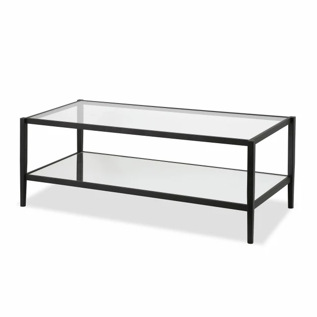 Black glass steel coffee table with shelf and wood metal accents