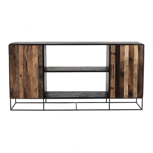 Black natural media center TV stand with wood stain and shelving