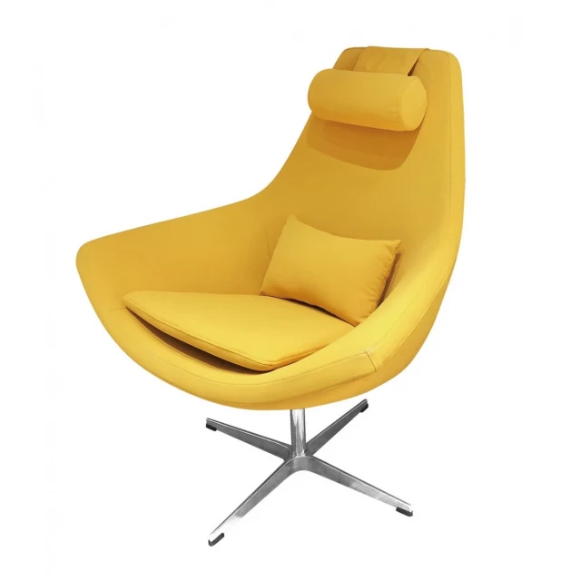 Yellow faux leather steel swivel chair with armrests and wood accents in a comfortable furniture design