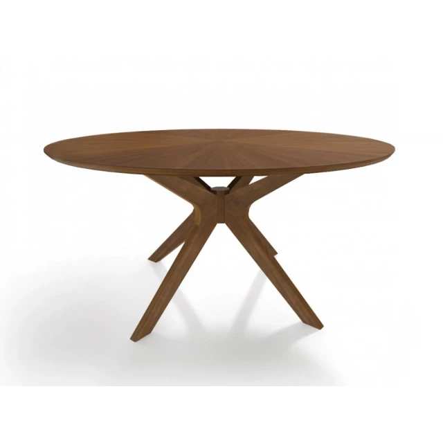 Brown round dining table made of hardwood with wood stain finish suitable for outdoor use