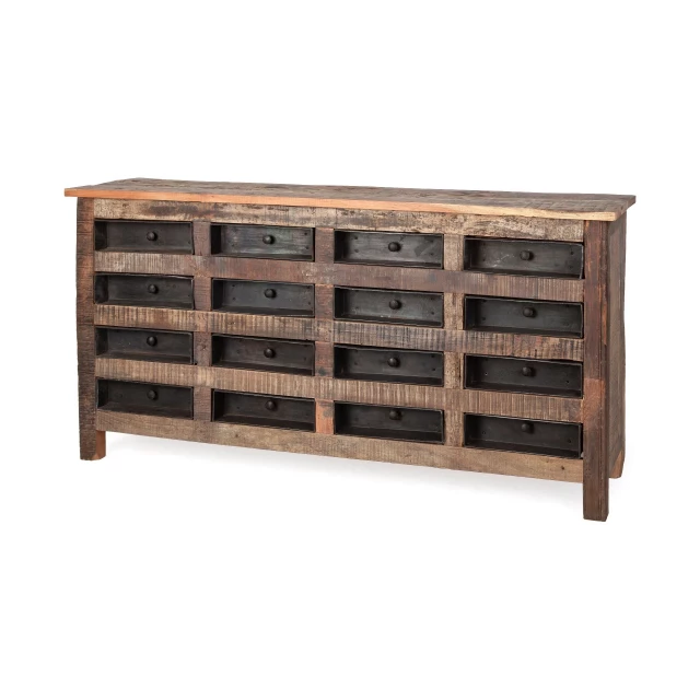 Brown reclaimed hardwood sideboard with pull drawers and natural wood plank shelving