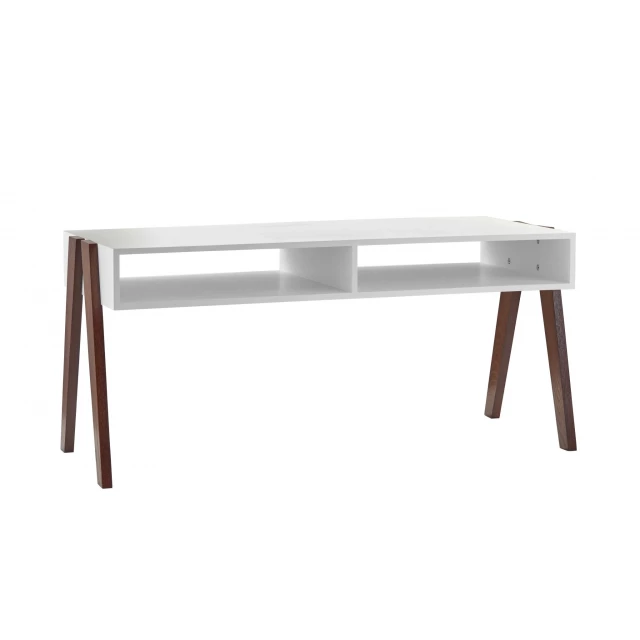 Retro white walnut finish coffee table with rectangle wood top and shelving