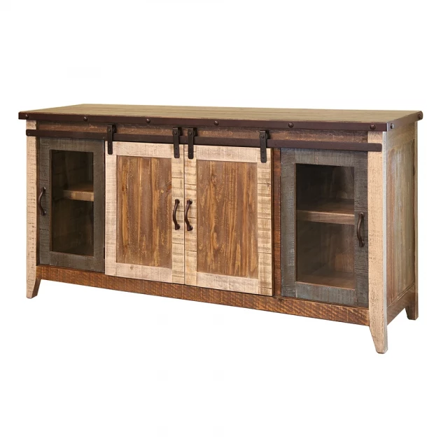 Distressed wood TV stand with enclosed cabinet storage and plank detailing