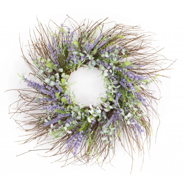 Purple artificial mixed wreath with flowers twigs and natural materials for home decor