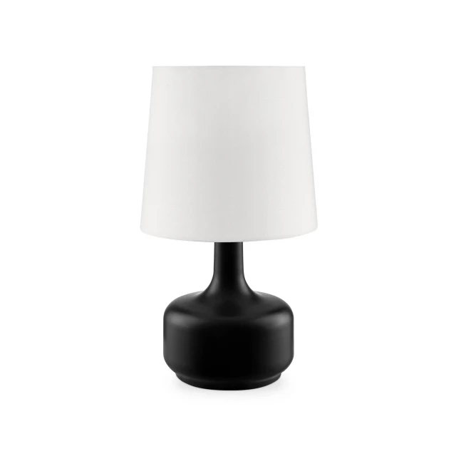 metal bedside table lamp with white shade and wooden base