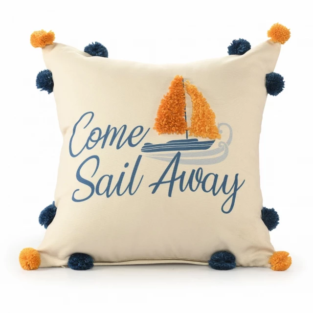 navy orange polyester tropical zippered pillow with white textile design