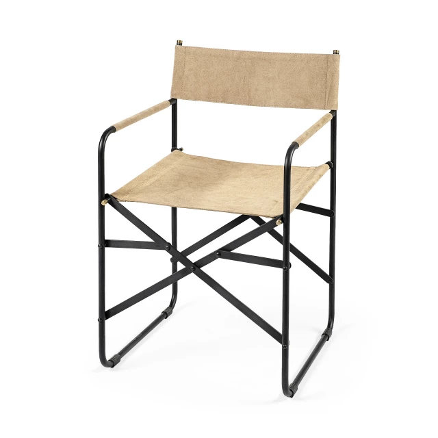 Leather black iron frame dining chair with armrests and hardwood details