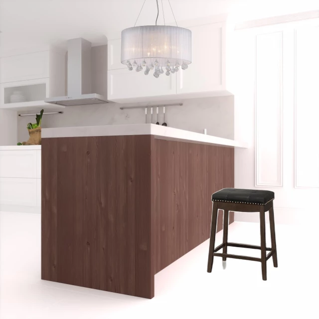 Wood backless counter height bar chairs with cabinetry and interior design elements