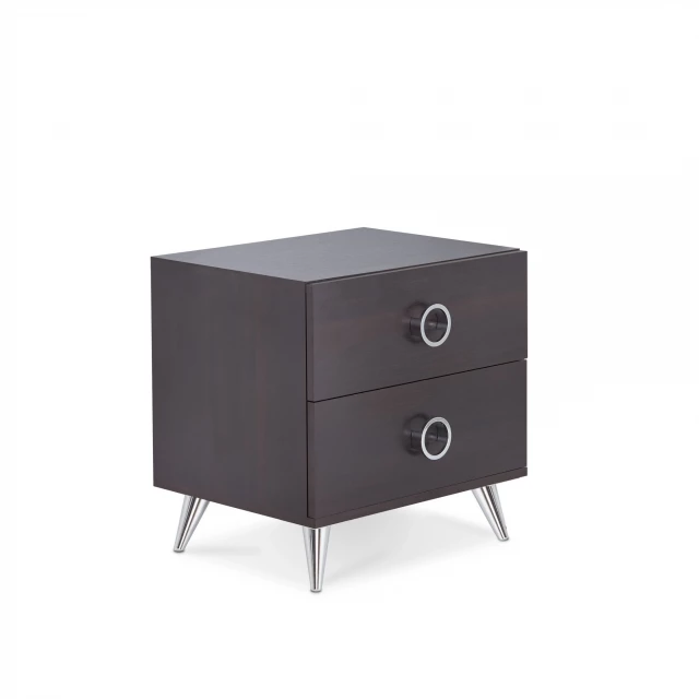 Silver espresso end table with drawers and metal accents