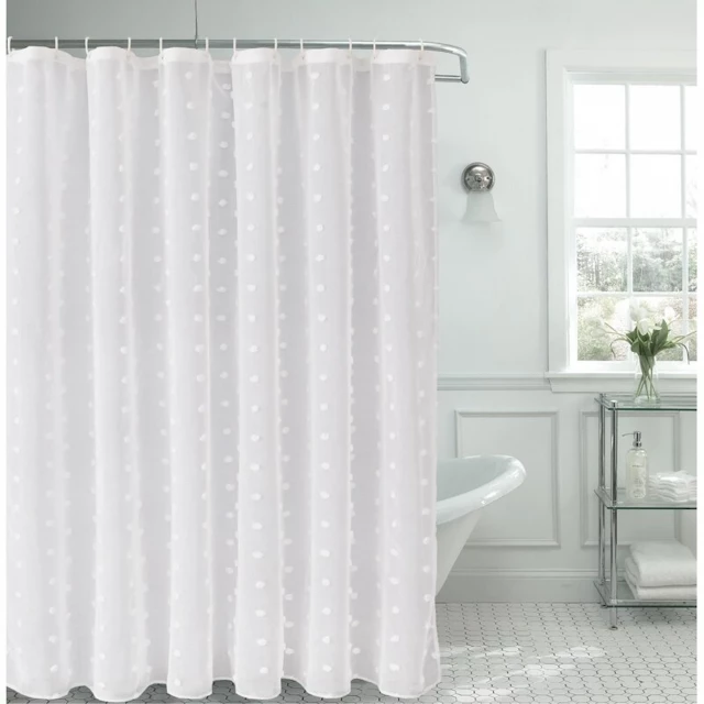 White round puff window curtain panels product image featuring shower curtain and bathroom textile in purple hue