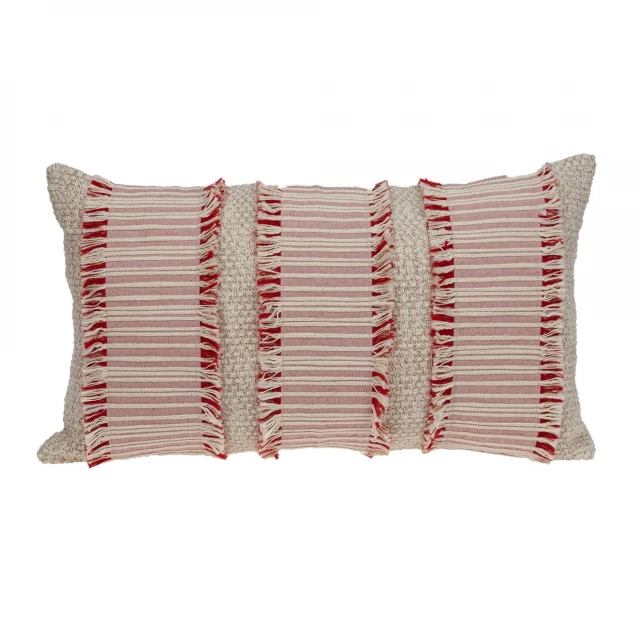 Boho beige pink throw pillow with elegant pattern and carmine accents