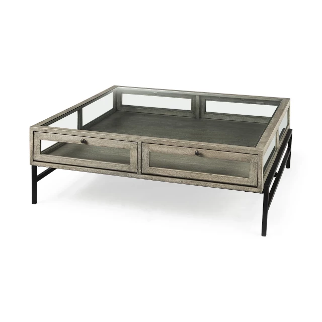 Modern glass metal square coffee table with lower shelf design