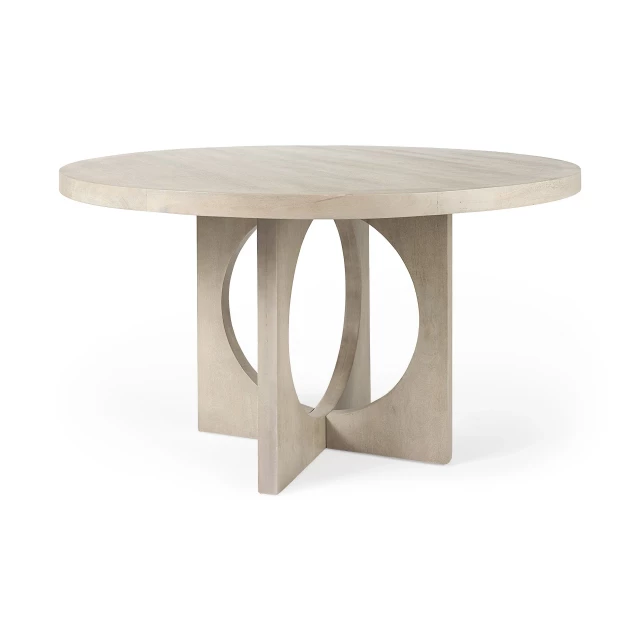 Natural wood round geometric dining table suitable for outdoor and indoor use