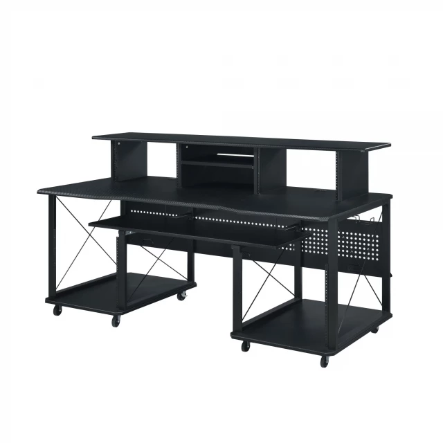 black computer desk with metal frame and rectangular tabletop