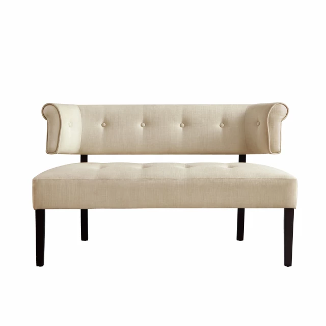 Beige black upholstered linen bench with wood frame and comfortable studio couch design for home decor
