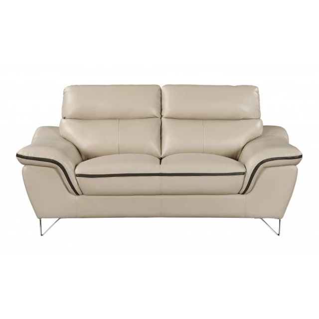 Beige silver faux leather love seat with comfortable rectangle studio couch design suitable for outdoor use