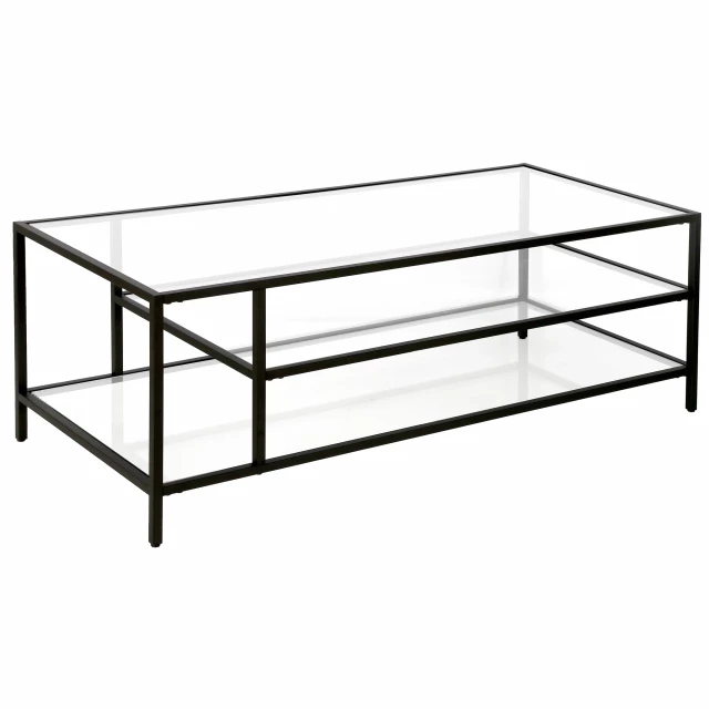 Black glass steel coffee table with shelves for modern living room furniture