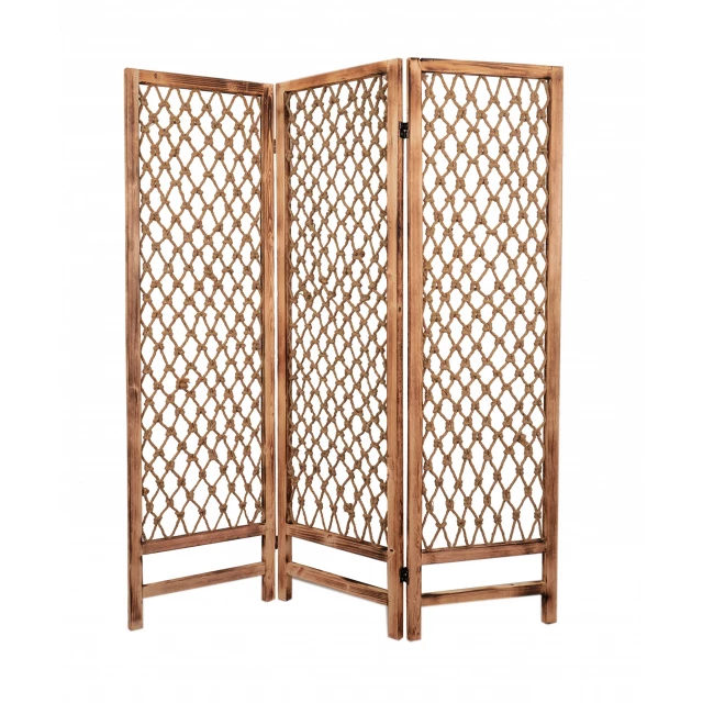 Natural rope wooden screen with patterned shelf and metal accents in furniture category