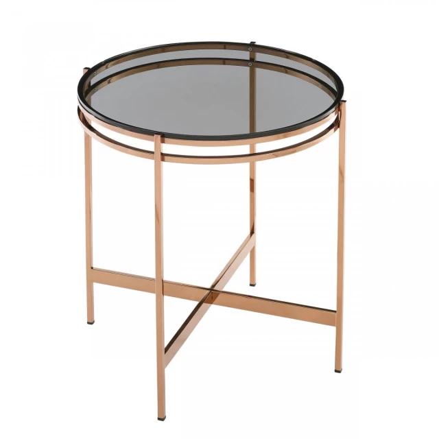 Smoke glass geo round end table in a setting with furniture and wood chair