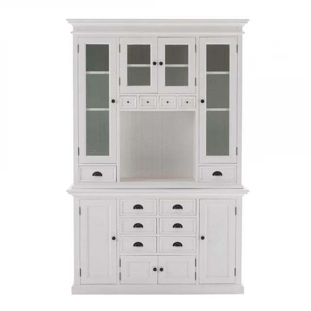 Classic white kitchen hutch with drawers and home accessories