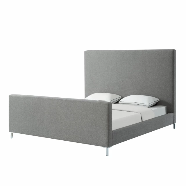 Solid wood queen-size bed with upholstered linen headboard