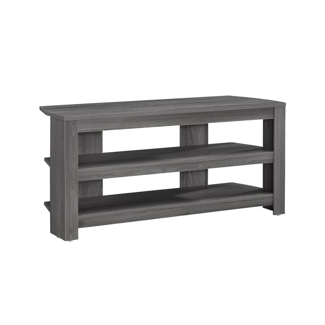 Grey particle board laminate TV stand with shelves and hardwood finish