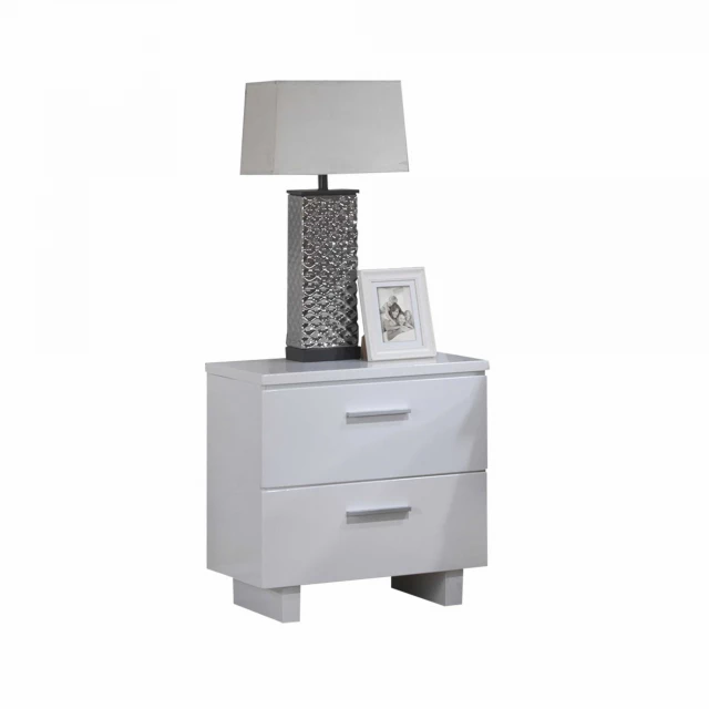 White mirrored nightstand with drawers and metal lamp accents