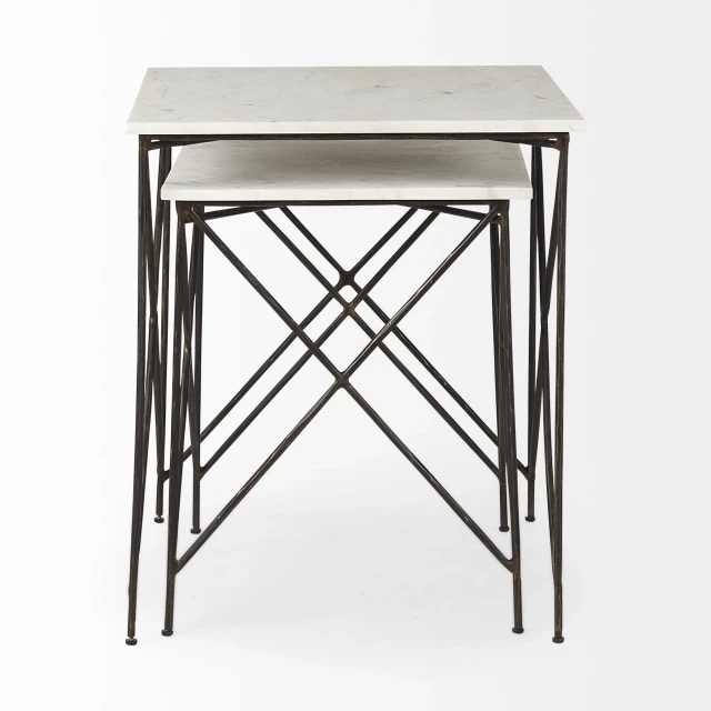 Antiqued angular metal marble end table with artistic design suitable for outdoor and indoor decor