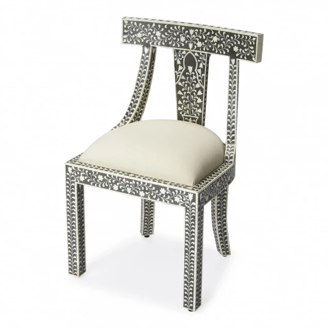 Bone black and white fabric side chair with wood legs and natural material design