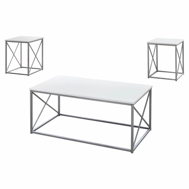 White silver metal table with symmetrical design and outdoor furniture style.